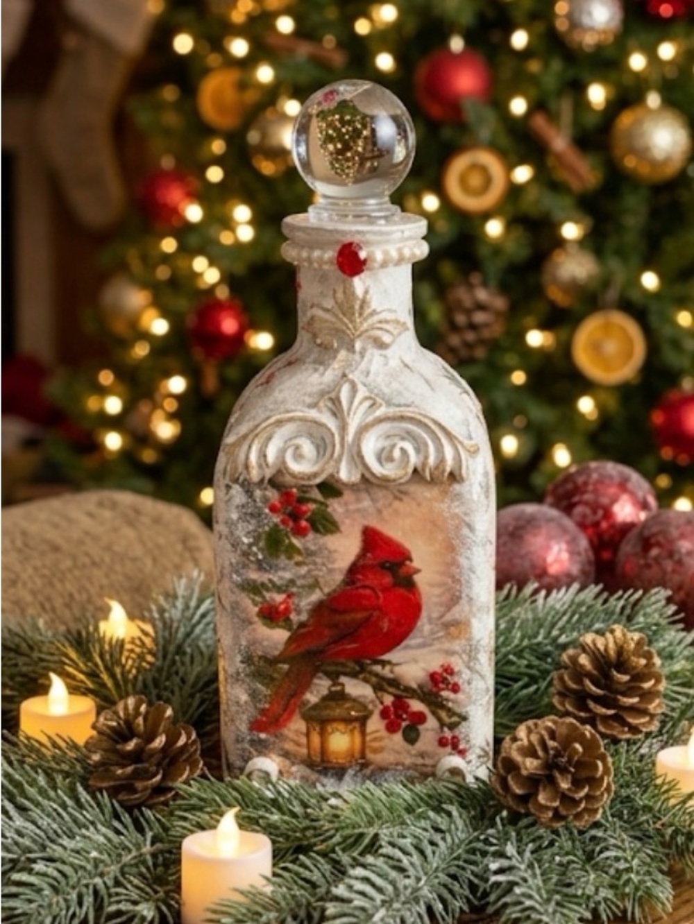 Holiday Cardinal Decorative Bottle - White and Red Christmas Accent